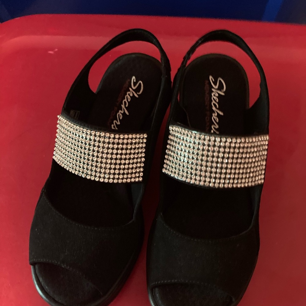 Skechers Black faux suede blingy Sling back sandals.